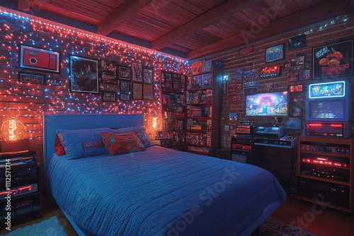 Retro Gamer Bedroom with Neon Lights and Decor