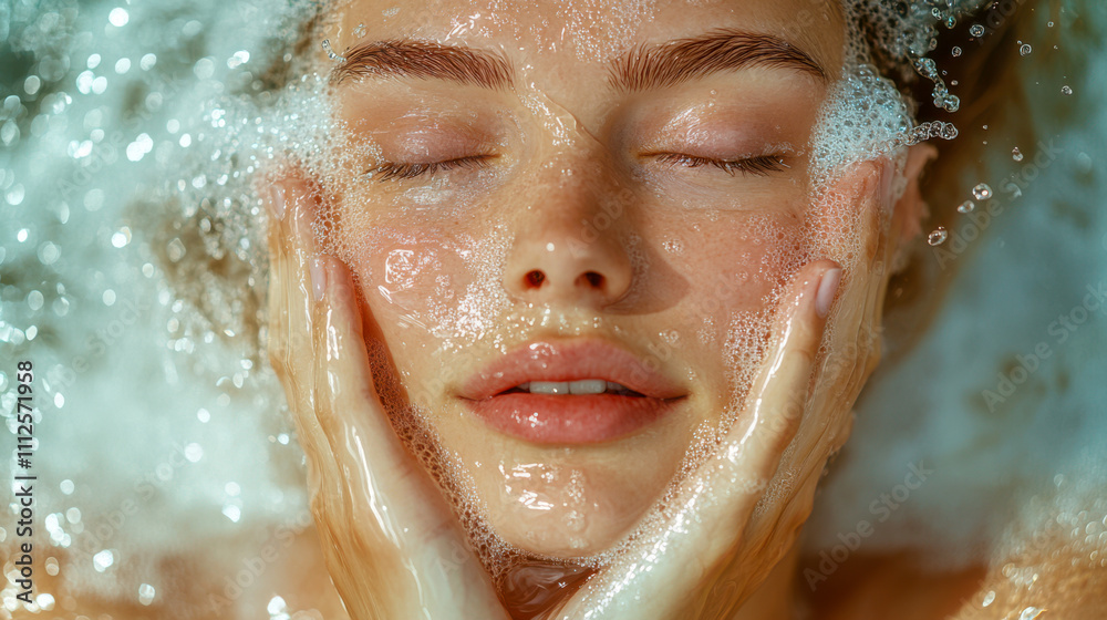 Woman relaxing with soothing foam facial cleansing routine in water Woman relaxing with soothing foam facial cleansing routine in water