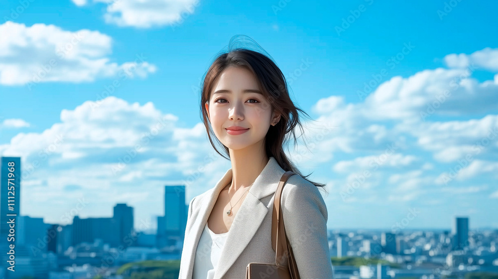 青空と高層ビル群を背景にスーツ姿の若い女性。日本人のビジネスウーマン