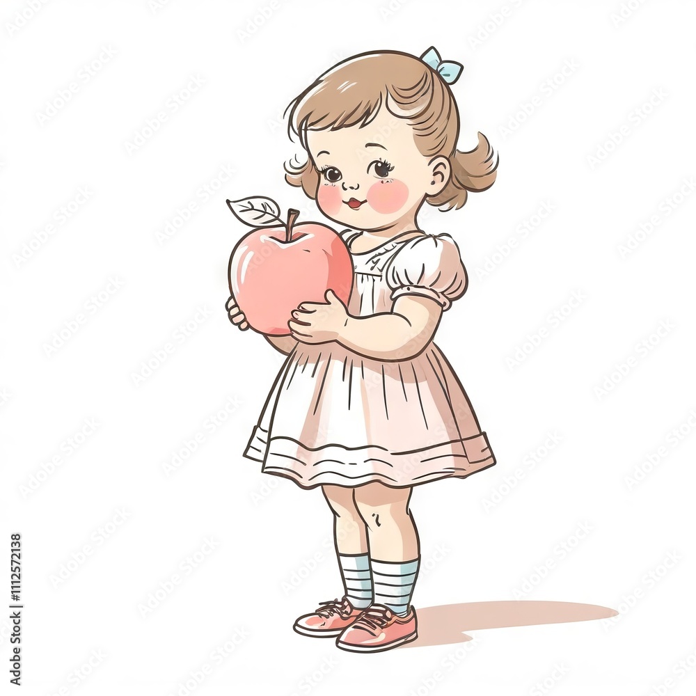 Young girl holding a pink apple stands in a playful pose wearing a cute dress in a cheerful setting Young girl holding a pink apple stands in a playful pose wearing a cute dress in a cheerful setting