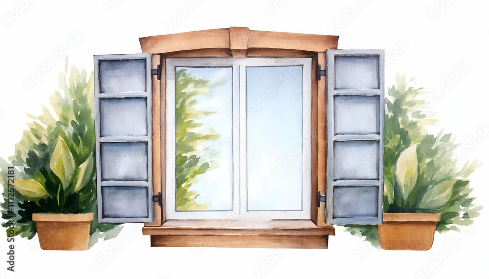 Modern and minimal house window for interior decoration isolated white background, watercolor Modern and minimal house window for interior decoration isolated white background, watercolor
