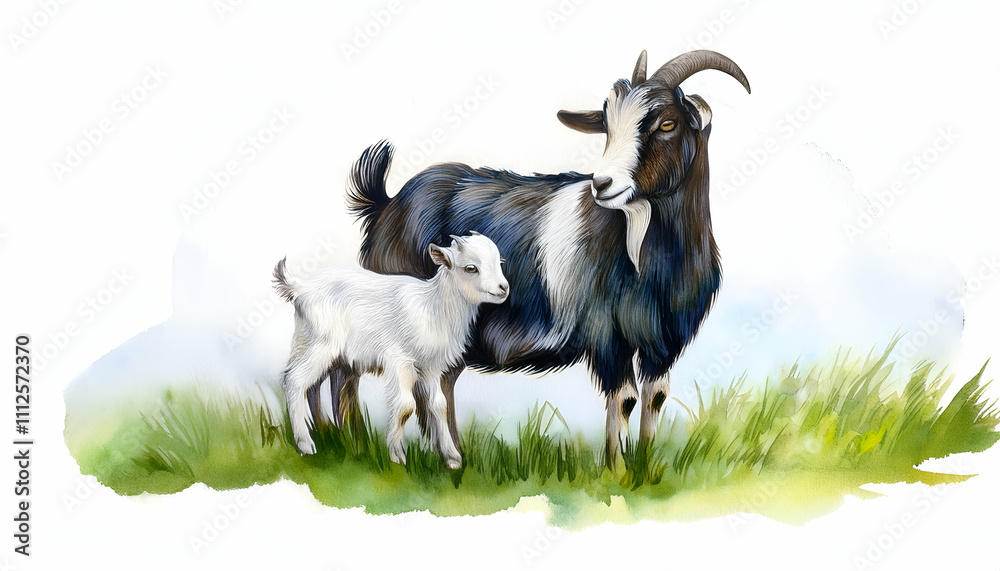 Obraz premium mother and baby animal Goat and Kid on a white background, watercolor illustration