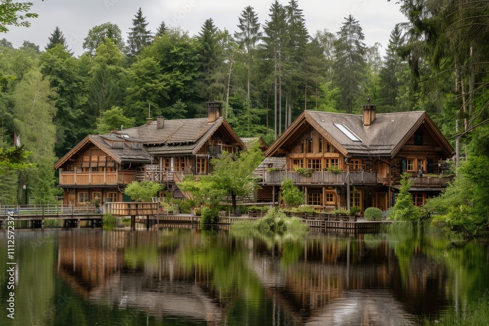 Two wooden houses situated on the surface of a lake, with surrounding water and possibly misty atmosphere Two wooden houses situated on the surface of a lake, with surrounding water and possibly misty atmosphere