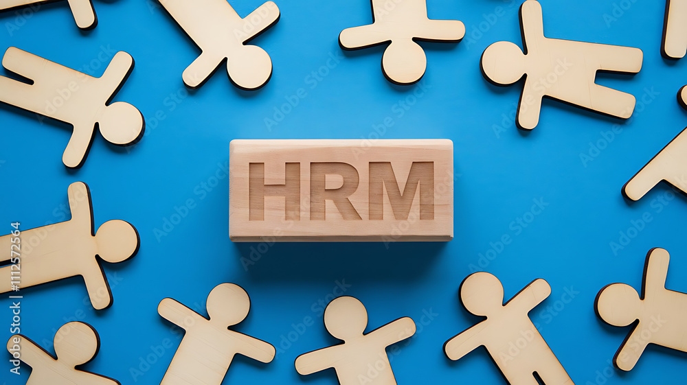 HRM: Human Resources Management, Employee Engagement, Recruitment, and Organizational Growth, human resources management concept. Wooden figures on the blue background, hrm copy space, hrm background HRM: Human Resources Management, Employee Engagement, Recruitment, and Organizational Growth, human resources management concept. Wooden figures on the blue background, hrm copy space, hrm background