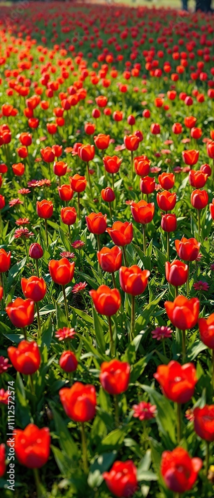 Red tulips scattered across a lush green meadow , rural, spring, blossoms