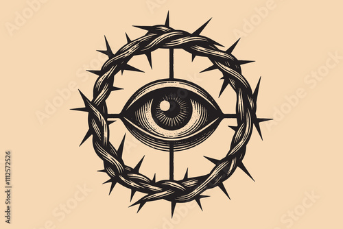 Black-and-white esoteric engraving of the all-seeing eye framed by a crown of thorns. Vintage-style illustration ideal for prints, tattoos, emblems, or mystical and occult-themed designs