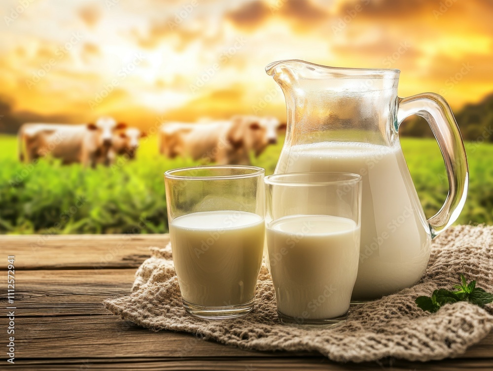 Glass of Milk with Cow in the background, cattle grazing Glass of Milk with Cow in the background, cattle grazing