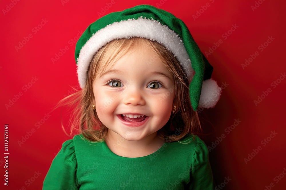 A young girl wearing a green shirt and a Santa hat, perfect for holiday-themed images or festive occasions A young girl wearing a green shirt and a Santa hat, perfect for holiday-themed images or festive occasions
