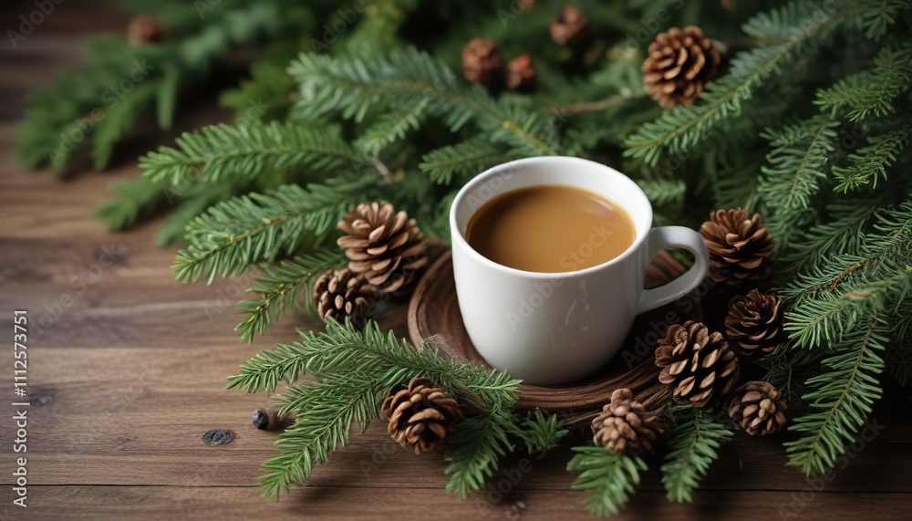 Rustic Christmas arrangement with fir branches, cones, and a cup of coffee amidst the foliage, wrapping paper, evergreen, snowy Rustic Christmas arrangement with fir branches, cones, and a cup of coffee amidst the foliage, wrapping paper, evergreen, snowy