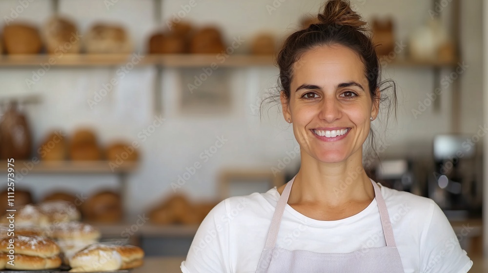 Woman wearing an apron and smiling in her bakery, with shelves with fresh bread behind her, own business concept, private bakery, fresh bread, private small business, Woman wearing an apron and smiling in her bakery, with shelves with fresh bread behind her, own business concept, private bakery, fresh bread, private small business,