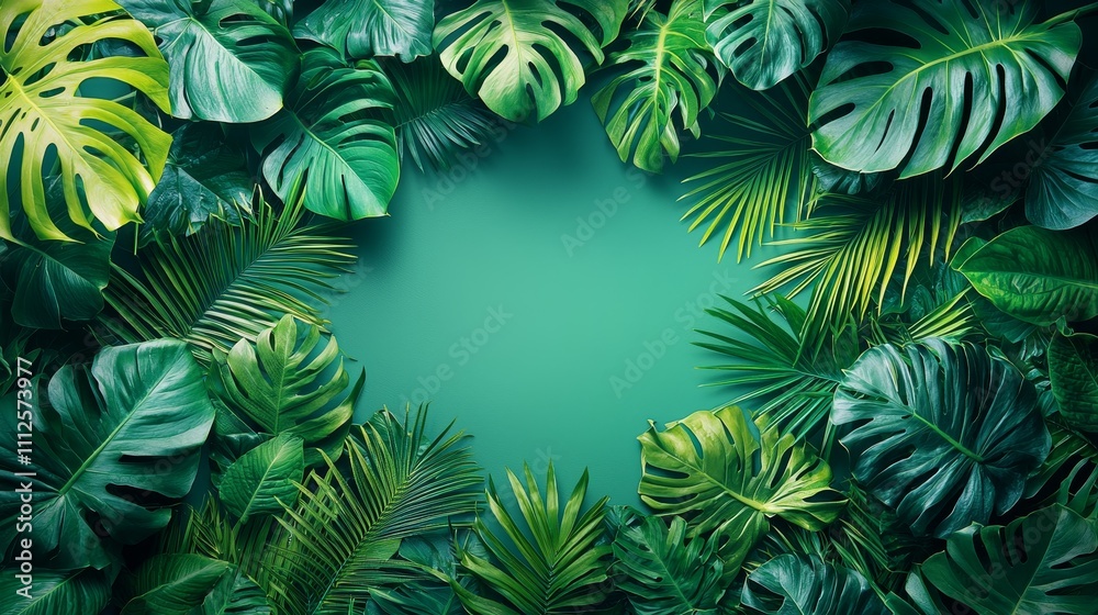 Lush Green Tropical Leaves Surrounding a Solid Color Background for Design and Decoration Purposes