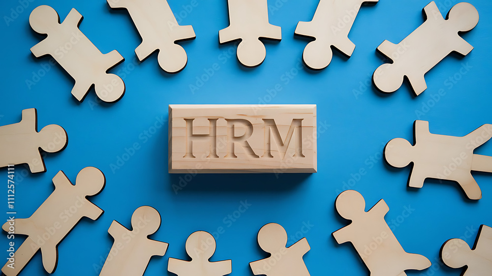 HRM: Human Resources Management, Employee Engagement, Recruitment, and Organizational Growth, human resources management concept. Wooden figures on the blue background, hrm copy space, hrm background HRM: Human Resources Management, Employee Engagement, Recruitment, and Organizational Growth, human resources management concept. Wooden figures on the blue background, hrm copy space, hrm background