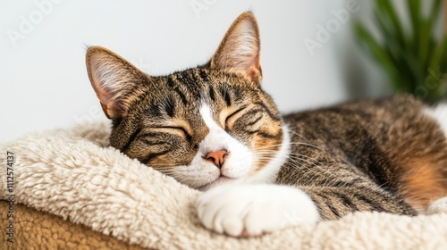 Emergency Pet Shelter Concept, Peaceful Cat Resting on Plush Bedding in a Cozy Indoor Environment