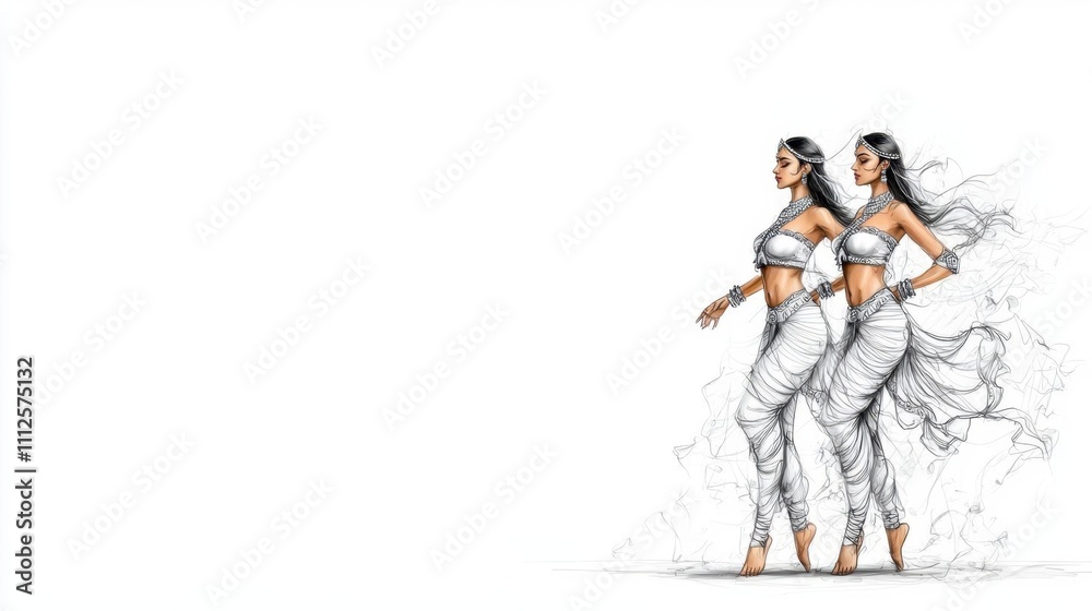 Obraz premium Pencil sketch portrait of Indian classical dancers mid-performance. High Quality