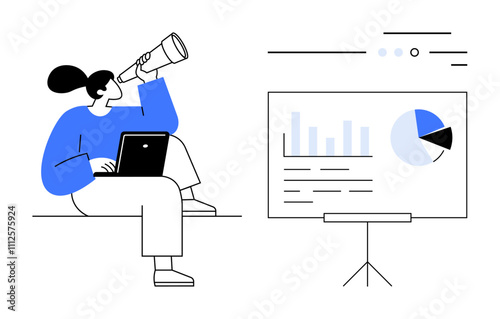 Person using laptop and telescope while sitting next to a presentation board displaying bar and pie charts. Ideal for business strategy, market research, data analysis, future planning, goal setting