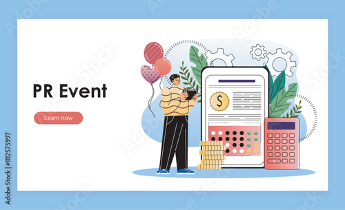 PR event landing page. Man with tablet near gold coins and calculator. Promotion of company or organization. Public relations manager. Flat vector illustration