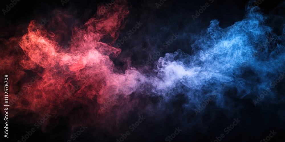 Red and blue smoke merging on a dark background in a dramatic abstract pattern Red and blue smoke merging on a dark background in a dramatic abstract pattern