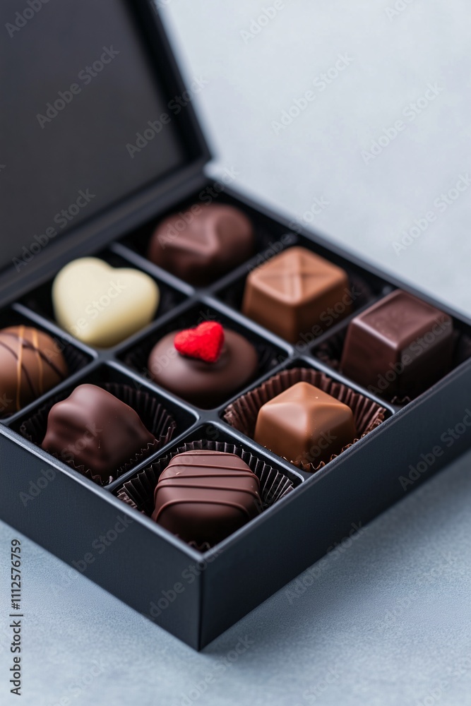 A black gift box of fine chocolates candies. Celebrate delisious. blue background. Copy space. A black gift box of fine chocolates candies. Celebrate delisious. blue background. Copy space.