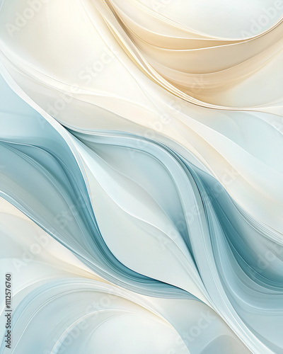 Abstract design with soft, flowing ripple patterns in pastel blue, beige, and white, featuring smooth textures and gentle curves for a tranquil and balanced aesthetic.