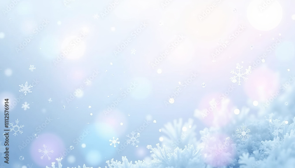 Soft frost and snowflakes on blurred background with gentle pastel tones, winter texture Soft frost and snowflakes on blurred background with gentle pastel tones, winter texture