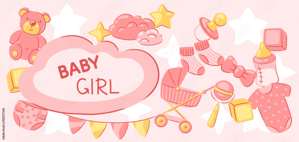 Baby shower frame. New born baby girl Happy Birthday. Baby shower frame. New born baby girl Happy Birthday.