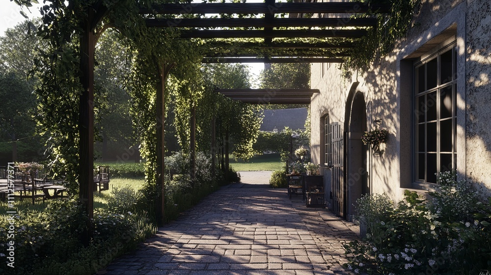 A series of old stone archways with vines growing over them in a historical setting. A series of old stone archways with vines growing over them in a historical setting.