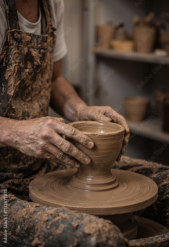 Hands shaping clay on a pottery wheel in a workshop. Close-up photography of ceramic crafting process. Craftsmanship and artisan skills concept for design and print. Hands shaping clay on a pottery wheel in a workshop. Close-up photography of ceramic crafting process. Craftsmanship and artisan skills concept for design and print.