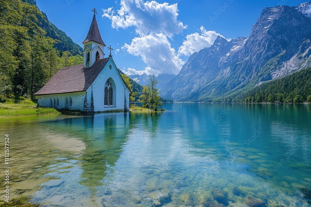 A small church situated on a calm lake, perfect for peaceful worship or serene photography A small church situated on a calm lake, perfect for peaceful worship or serene photography
