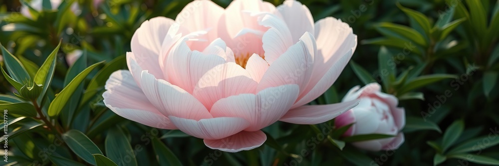 Softly unfolding peony petals in pastel hues amidst lush green foliage, blossoming, blossomed Softly unfolding peony petals in pastel hues amidst lush green foliage, blossoming, blossomed