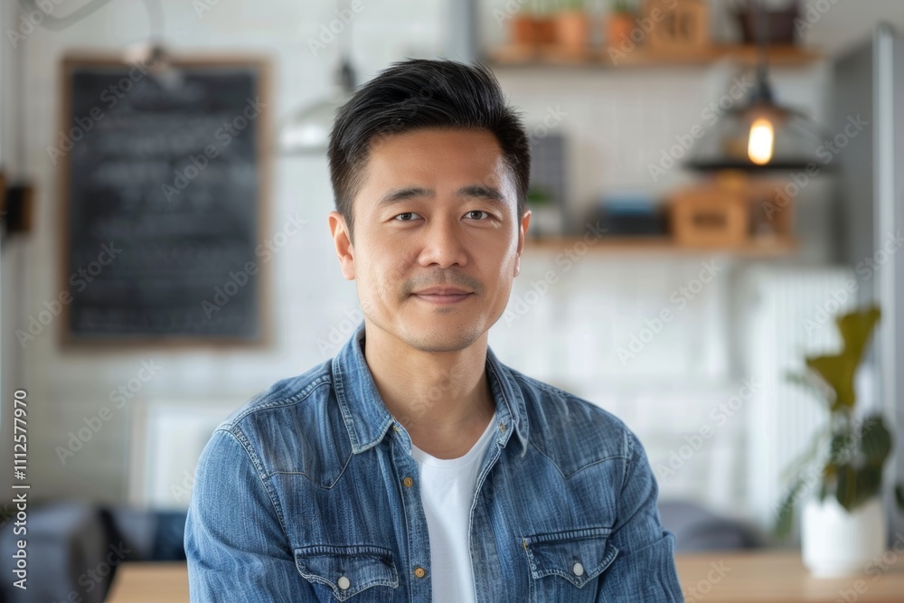 Portrait of a satisfied asian man in his 30s sporting a versatile denim shirt isolated in modern minimalist interior Portrait of a satisfied asian man in his 30s sporting a versatile denim shirt isolated in modern minimalist interior