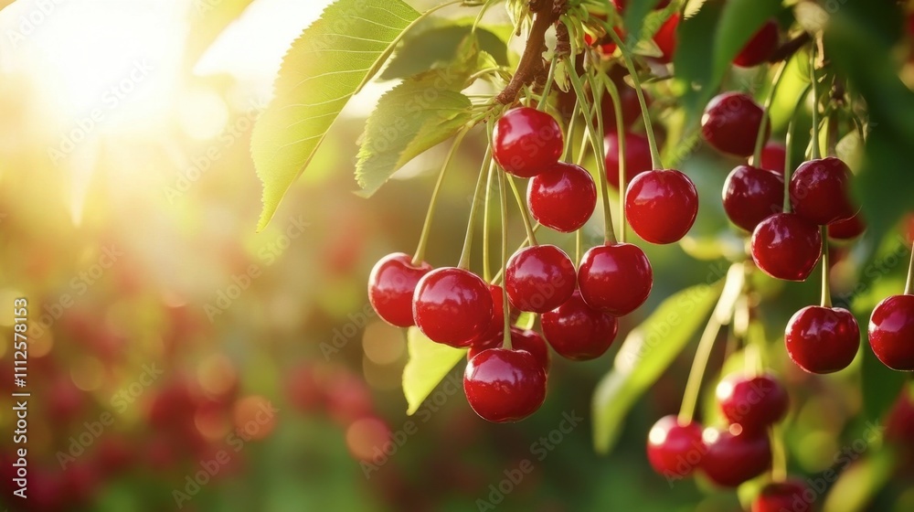 Fresh Red Cherries Hanging from Green Leaves in Soft Sunset Light Fresh Red Cherries Hanging from Green Leaves in Soft Sunset Light