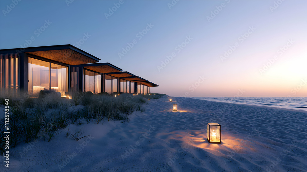 A serene beach scene featuring modern huts beside the shore, illuminated by lanterns, with a tranquil sunset in the background.