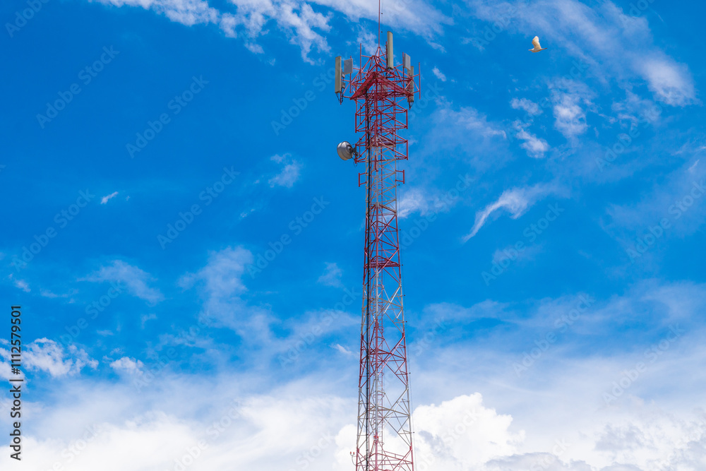 Radio, communication and cell towers on blue sky background Radio, communication and cell towers on blue sky background