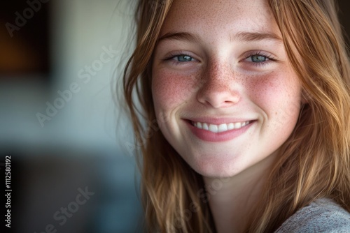 A close-up view of a woman's face with distinct freckles