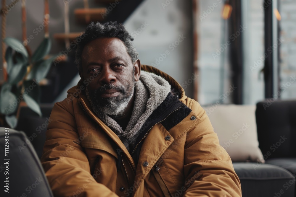 Portrait of a tender afro-american man in his 40s wearing a warm parka in modern minimalist interior Portrait of a tender afro-american man in his 40s wearing a warm parka in modern minimalist interior