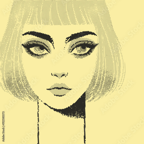 beautiful woman with short hair portrait, retro halftone style illustration