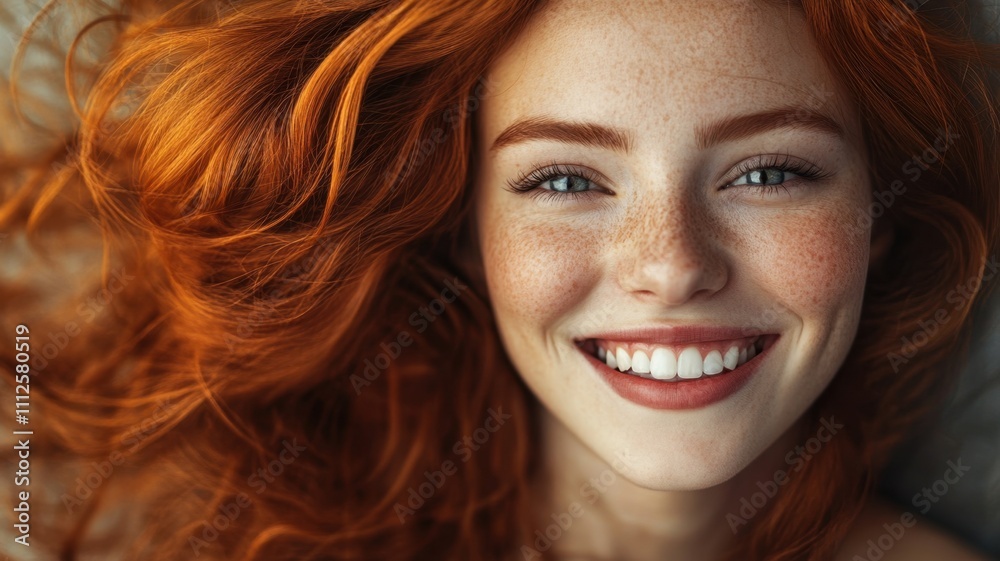 Beautiful smiling redhead portrait woman with freckles lying down showing white teeth Beautiful smiling redhead portrait woman with freckles lying down showing white teeth