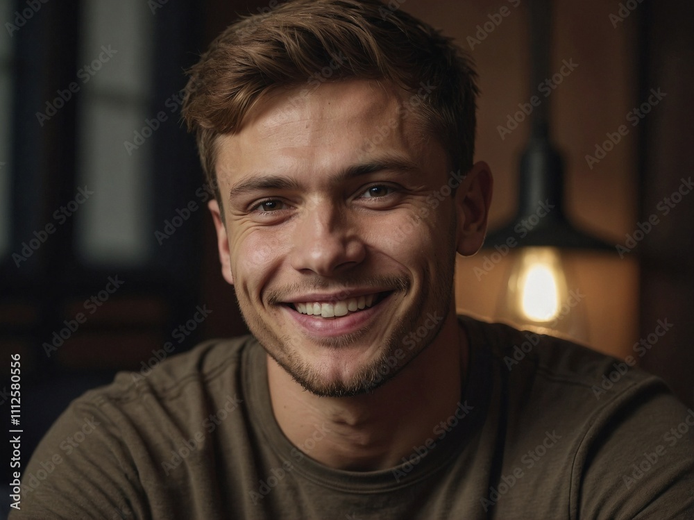 Man in his twenties smiling in a cozy indoor setting Man in his twenties smiling in a cozy indoor setting