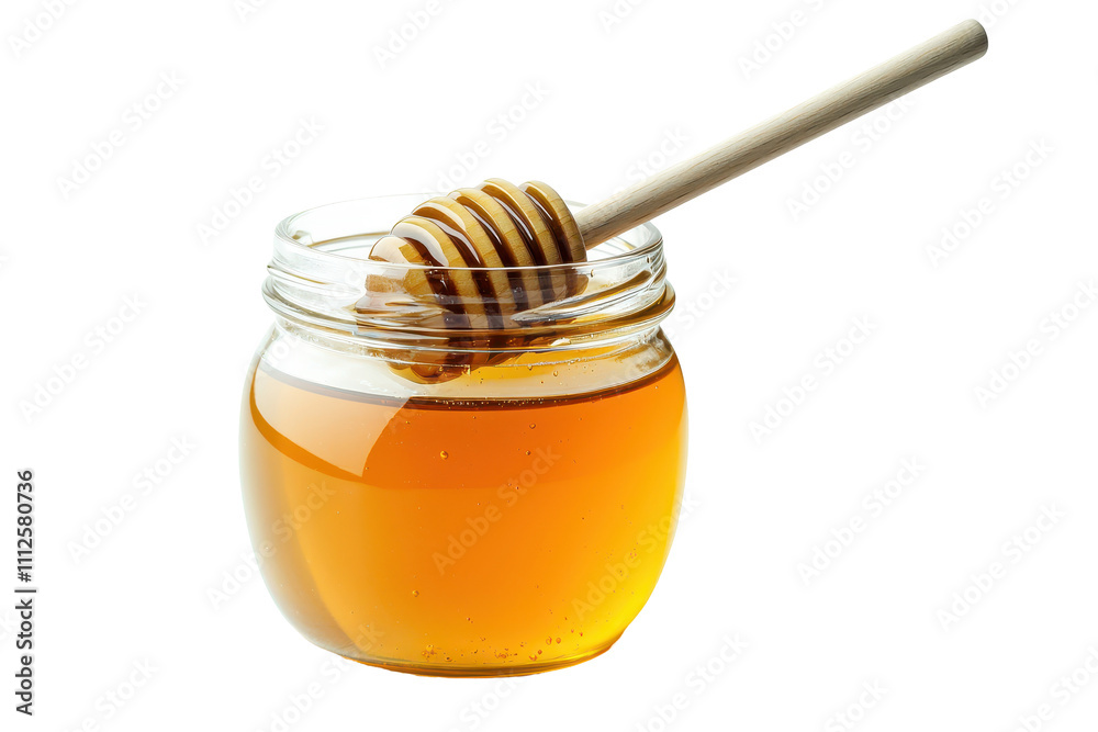 A close-up shot of honey in a jar with a wooden honey dipper for culinary use. transparent background.