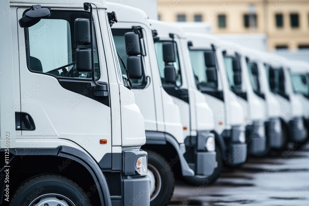Row of white trucks parked side by side on a road or in a yard Row of white trucks parked side by side on a road or in a yard