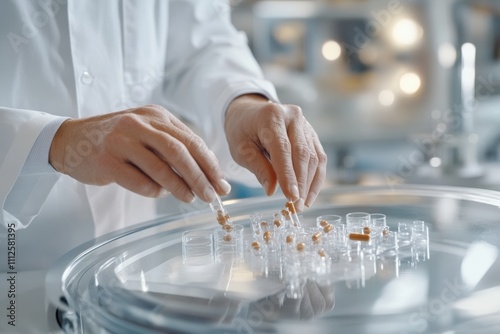 The hands of a scientist in a pharmaceutical company.