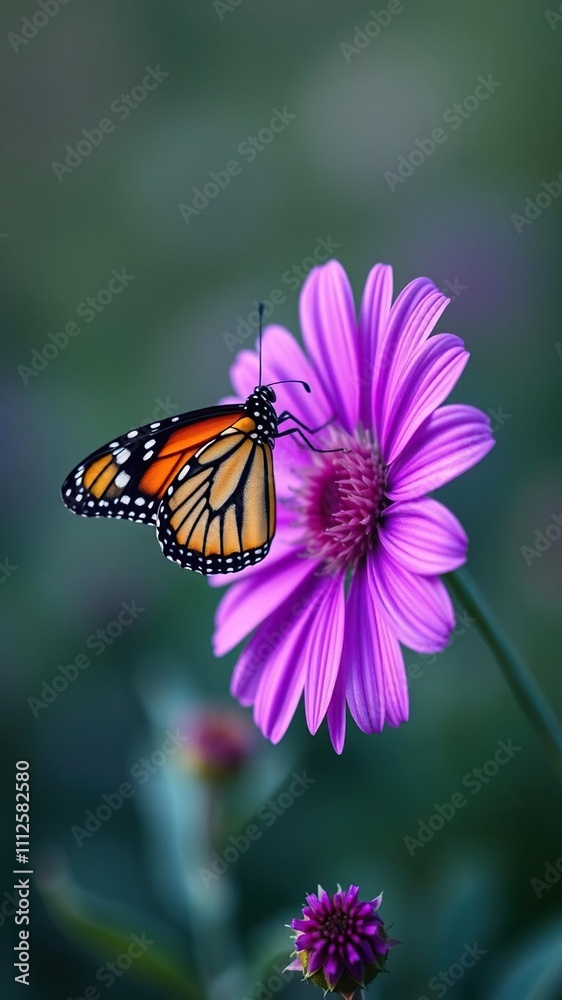 Tiny monarch butterfly perches on bright purple wildflower, nature, flower detail, macro photography Tiny monarch butterfly perches on bright purple wildflower, nature, flower detail, macro photography