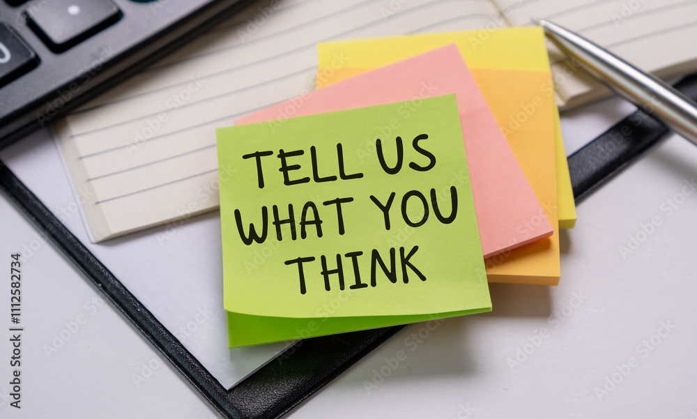 Tell us What You Think text written on notepad with pen on financial documents. Tell us What You Think text written on notepad with pen on financial documents.