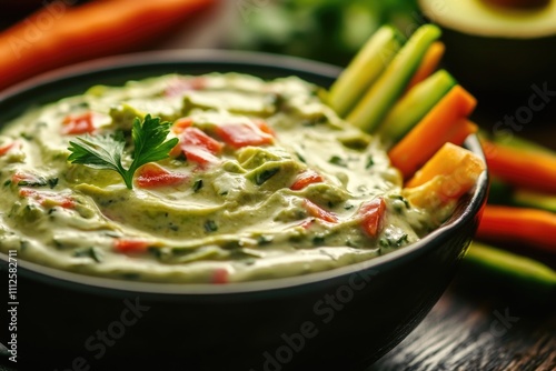 Fresh vegetables served with creamy avocado-based dip for snacking or appetizer photo