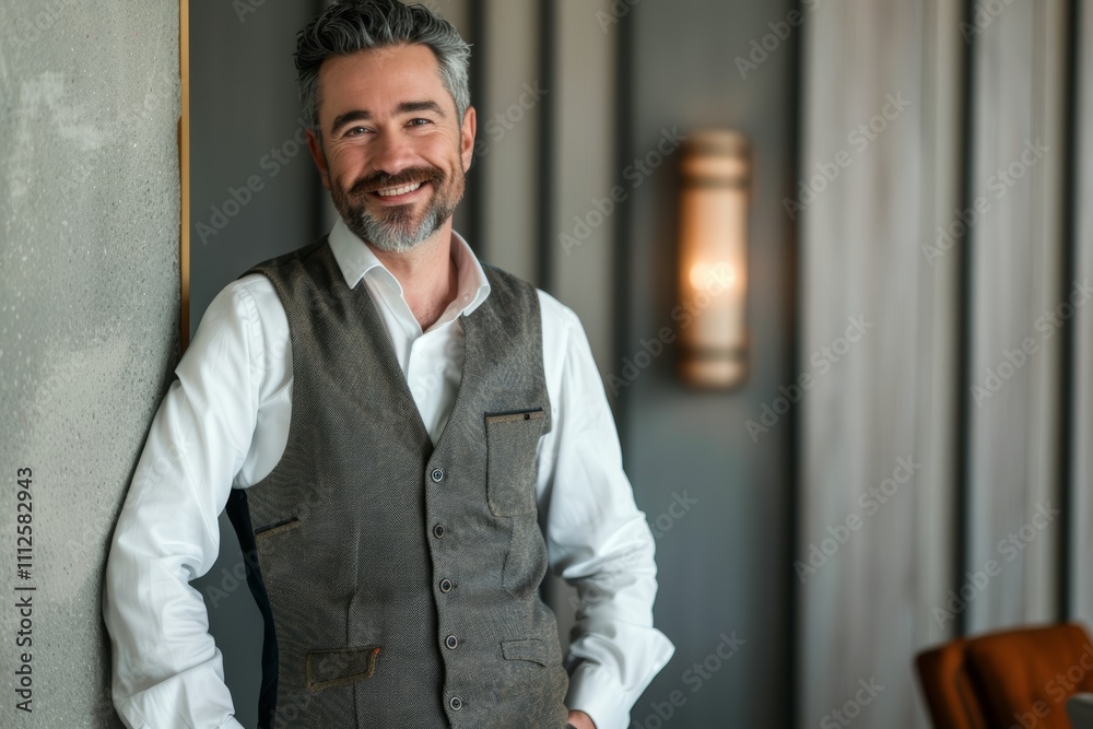 Portrait of a happy man in his 40s dressed in a polished vest over modern minimalist interior Portrait of a happy man in his 40s dressed in a polished vest over modern minimalist interior