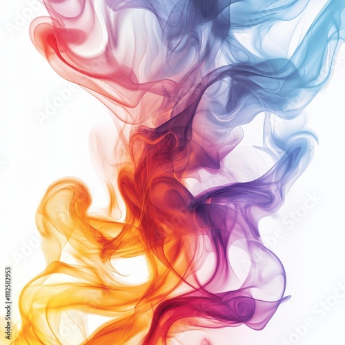 Colorful flames swirling into abstract shapes, glowing dynamically on a clean white background for striking contrast