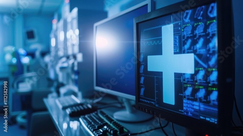 Medical equipment in a hospital room with two monitors and a keyboard photo