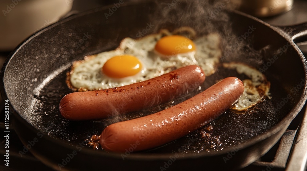 Cooking Sausages and Eggs in Pan with Steam Rising Cooking Sausages and Eggs in Pan with Steam Rising