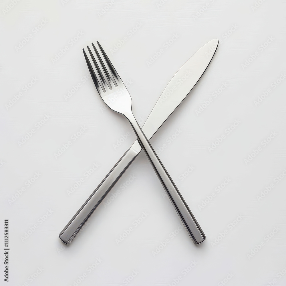 Elegant fork and knife crossed on a minimalist white background for dining themes. isolated on white background. Elegant fork and knife crossed on a minimalist white background for dining themes. isolated on white background.