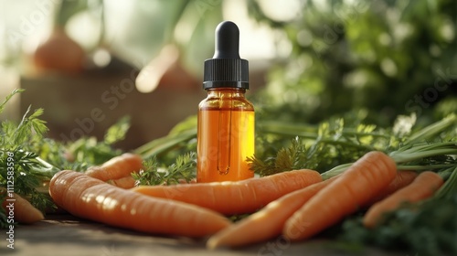 Vibrant bottle of beta-carotene extract surrounded by fresh carrots, glowing orange hue, health benefits, antioxidants, natural healing, lifestyle setting